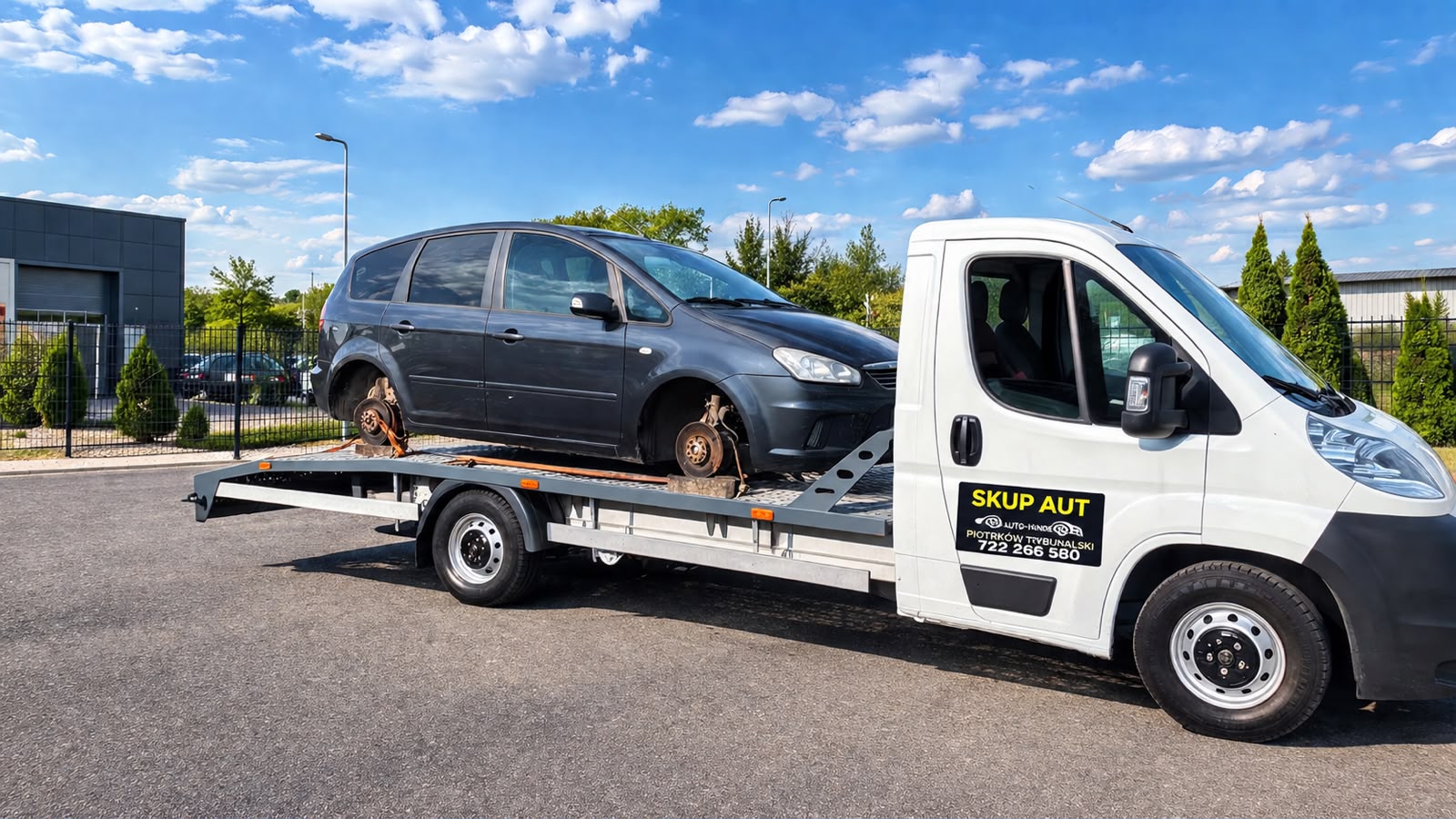 Skup aut Piotrków — laweta z odkupionym minivanem